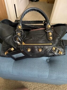 Balenciaga Black Leather Shoulder Bag with Gold Hardware
